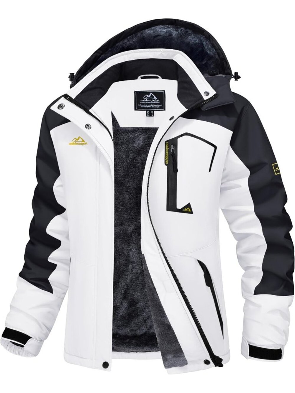 Women White Black Band Collar Multiple Pockets Insulated Thermal Ski Jackets
